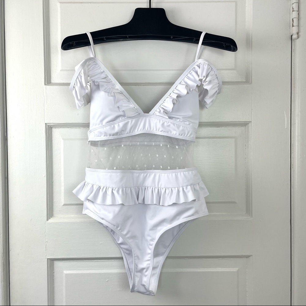 White 1 Piece Swimsuit Off Shoulder Ruffles Deep V Polka Dot/Mesh At Waist S